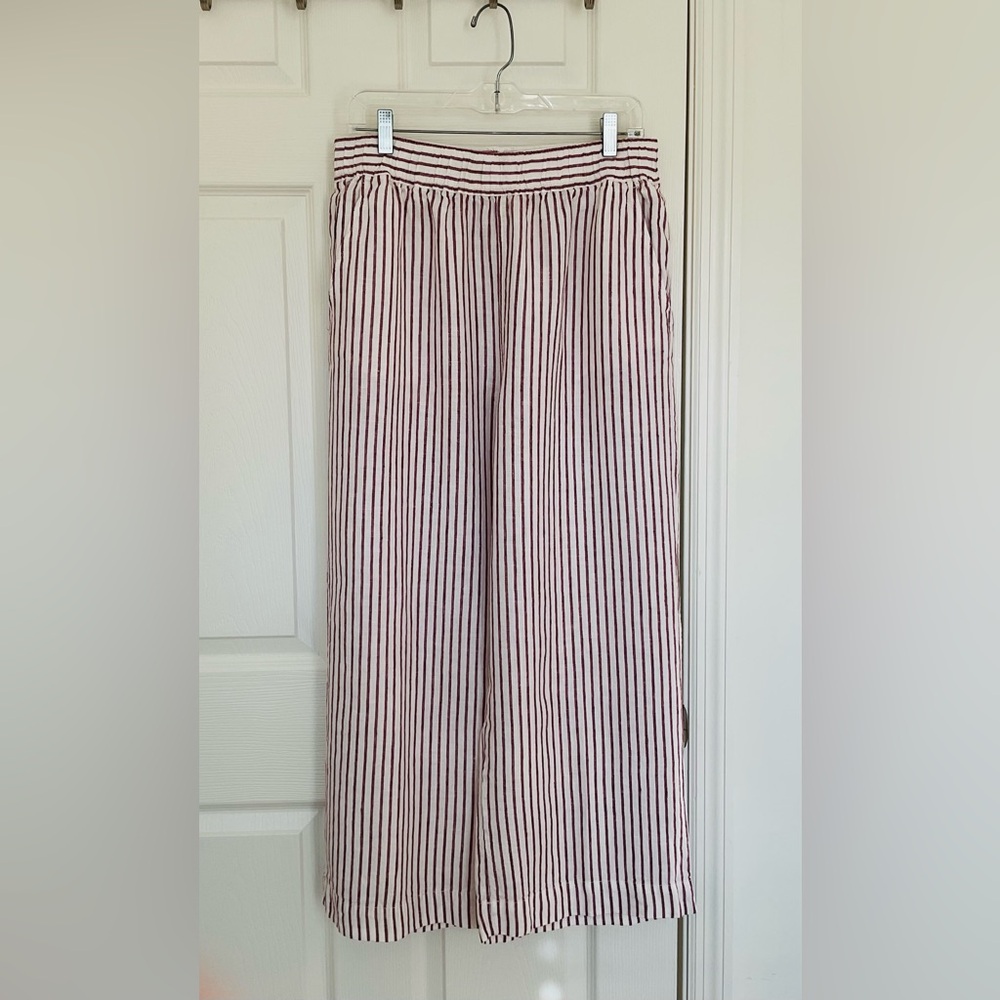 Striped Wide Leg 100% Linen Pants Artisan NY Elastic Waist  Pockets